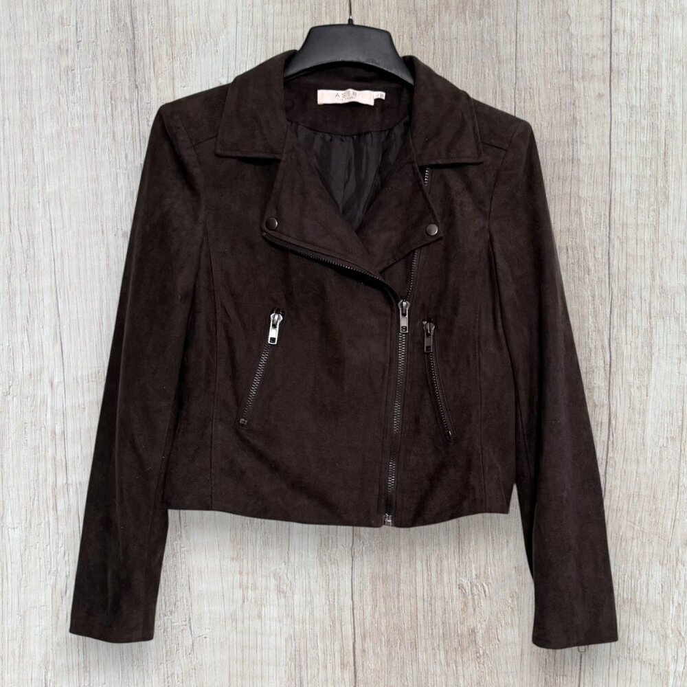 ASTR The Label Charcoal Taupe Faux Suede Moto Jacket Zip Front Women’s Size L